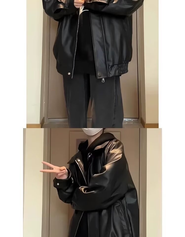 Giacca da aviatore in pelle PU nera da uomo alla moda di strada europea e americana, ampia e alla moda_voghion.com