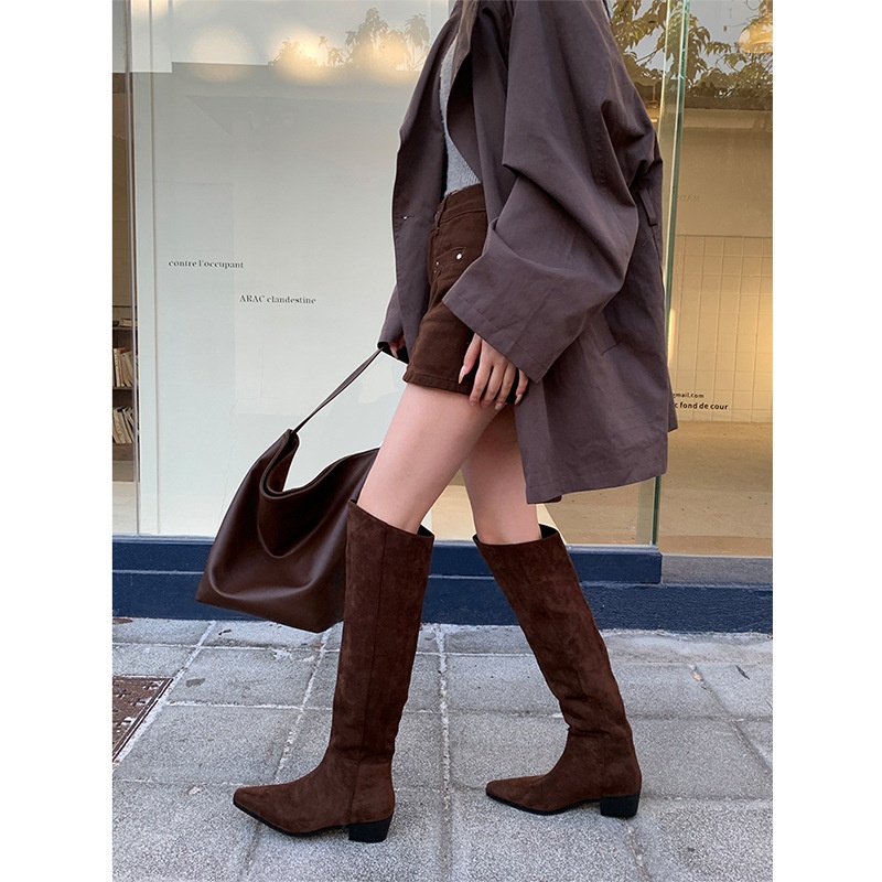 ShoeGlobe ShoeGlobe Pointed Toe Chunky Heel Pleated Slouch 2024 Autumn Winter New Veratile Mid-Heel Suede High Tube Long Boot Women'_voghion.com