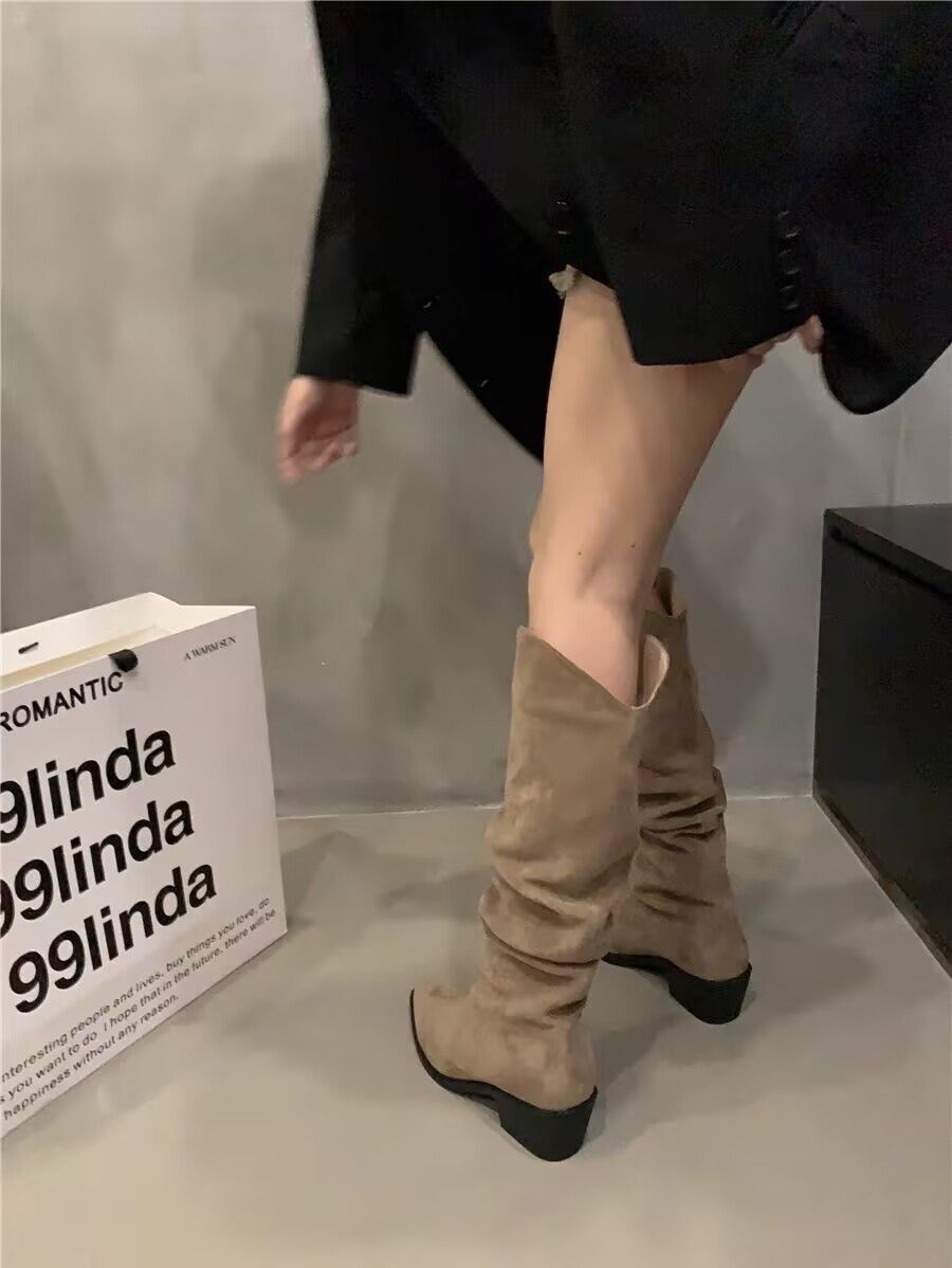 ShoeGlobe ShoeGlobe Stivali lunghi da donna con pile, stivali morbidi retrò versatili 2024, stivali alti antiscivolo per la moda autunnale e invernale_voghion.com