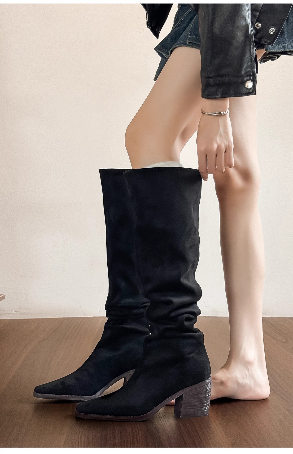 ShoeGlobe ShoeGlobe ShoeGlobe En stock ~ Bottes western rétro montantes, amincissantes, plissées, à large ouverture, talon épais, style automne_voghion.com