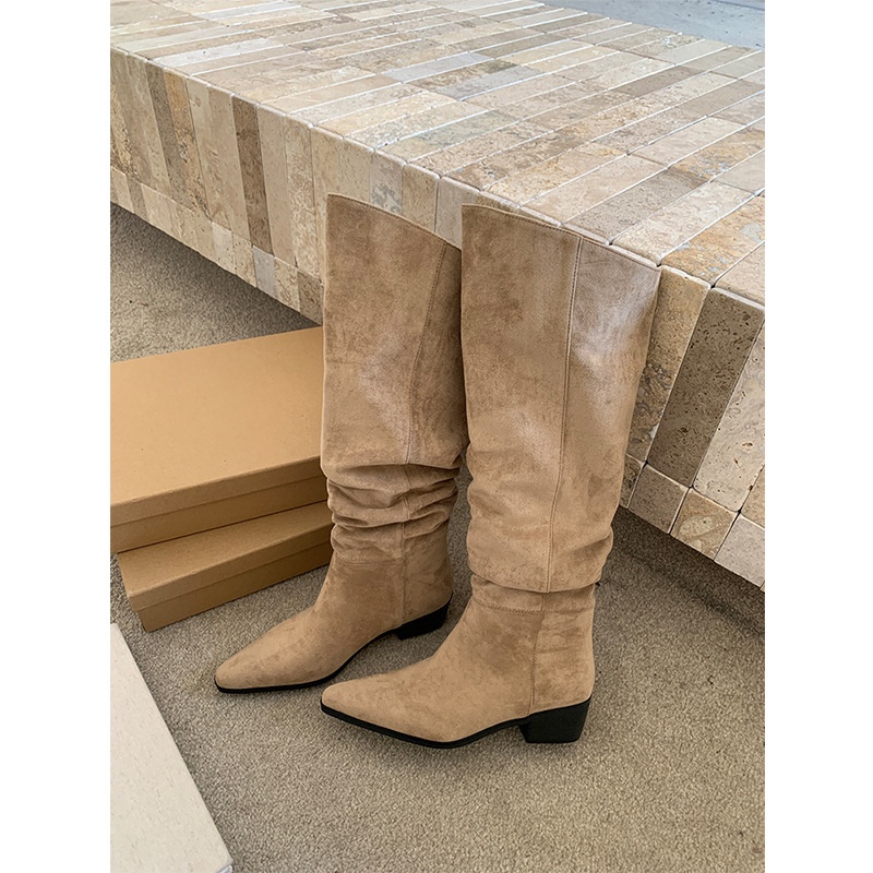 ShoeGlobe ShoeGlobe Pointed Toe Chunky Heel Pleated Slouch 2024 Autumn Winter New Veratile Mid-Heel Suede High Tube Long Boot Women'_voghion.com