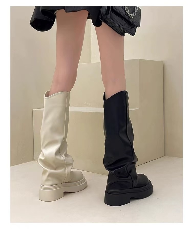 ShoeGlobe ShoeGlobe ShoeGlobe Tube 2024 Spring And Autumn New Genuine Leather Thick Sole Petite Riding Shoes For Women Long Boots_voghion.com