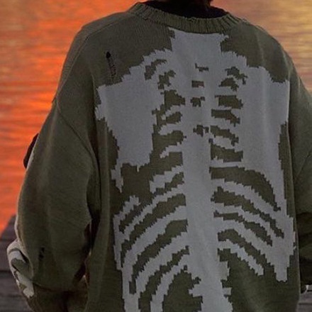 Boy Boy Boy Boy Cross-Border Back Skeleton Jacquard Ripped Long Sleeve Loose Pullover Sweater Men And Women Trendy Green In_voghion.com