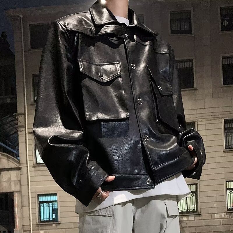 Ragazzo europeo e americano High Street Hip Hop Motociclista Uomo Trendy High-end Cool Retro PU Pelle Corta Imbottita Spalla_voghion.com