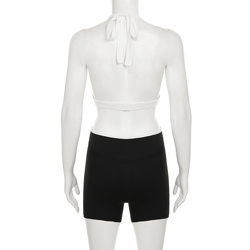 ChicShe Europejski i amerykański modny, blok kolorów, krótki top z dekoltem halter i dekoltem w serek, skrócony top, szorty z wysokim stanem, dopasowany krój, joga, sport, swobodny_voghion.com
