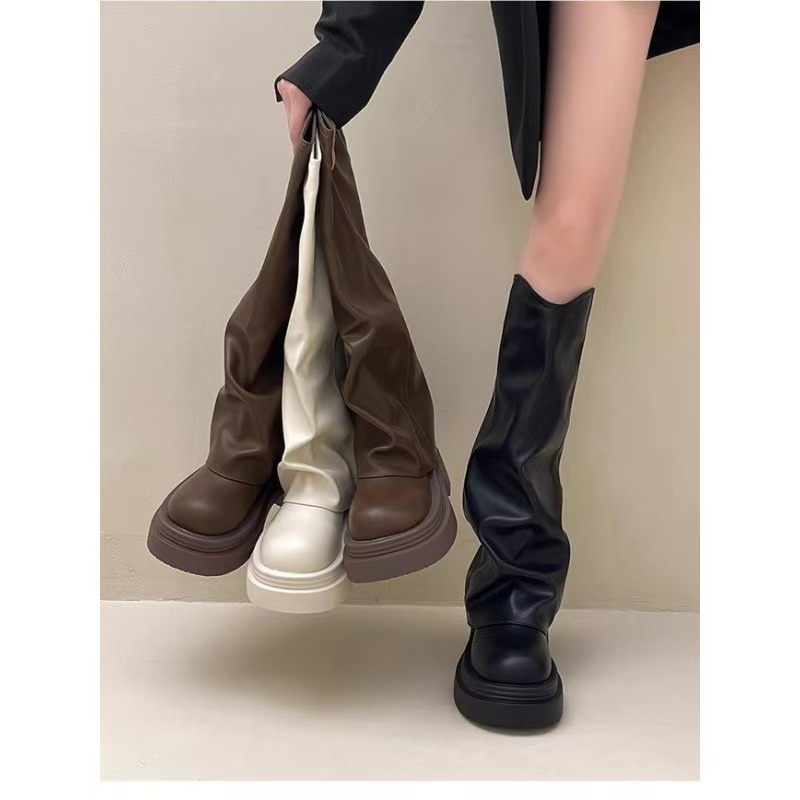 ShoeGlobe ShoeGlobe ShoeGlobe Tube 2024 Spring And Autumn New Genuine Leather Thick Sole Petite Riding Shoes For Women Long Boots_voghion.com
