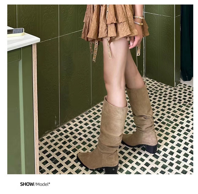 ShoeGlobe ShoeGlobe ShoeGlobe Zwiększenie wysokości wewnętrznej ~Kolor khaki Stacked Długie buty jeździeckie dla kobiet 2024 Nowość Jesień Zima Francuskie do połowy łydki_voghion.com