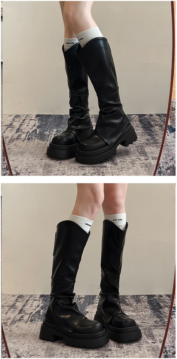 ShoeGlobe ShoeGlobe ShoeGlobe Europejski styl Długie dla kobiet 2025 Wiosna i jesień Gorący trend Ponad kolano Retro plisowane grube podeszwy_voghion.com