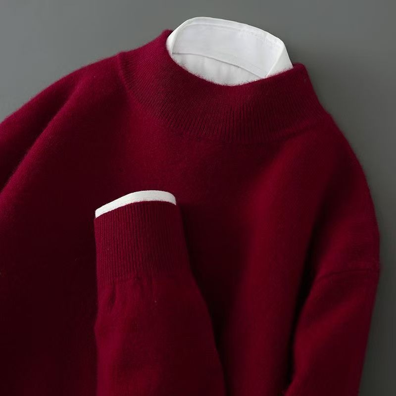 boy Boy Boy Boy 2025 Winter Men's Sweater Half Turtleneck Loose Cashmere Knitted Base Shirt Solid Color_voghion.com