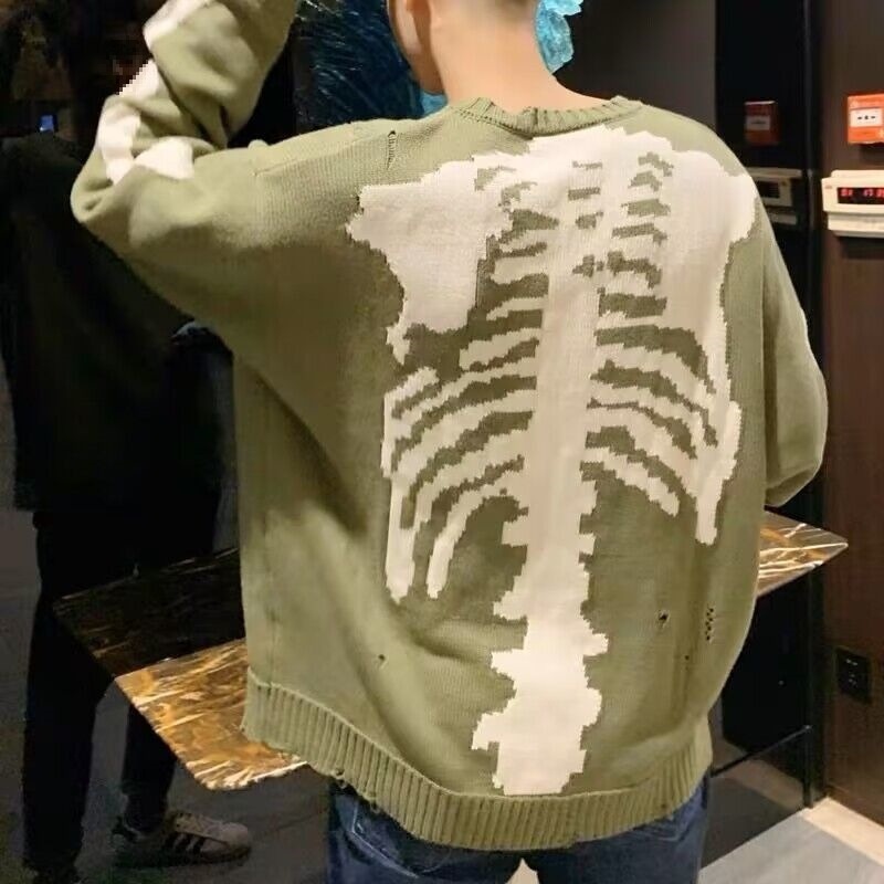 Boy Boy Boy Boy Cross-Border Back Skeleton Jacquard Ripped Long Sleeve Loose Pullover Sweater Men And Women Trendy Green In_voghion.com