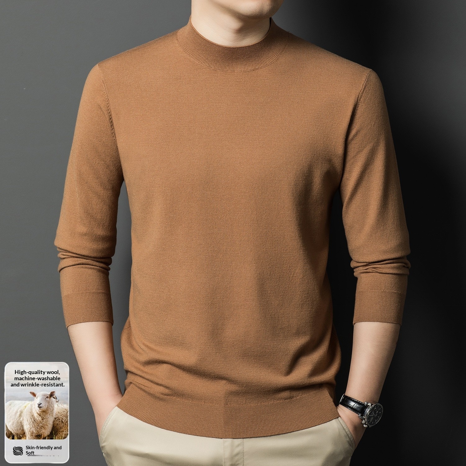 boy Boy Fine Knitted Men's Autumn Winter Half Turtleneck Casual Versatile Stretchy Warm Base Layer Wool Sweater_voghion.com