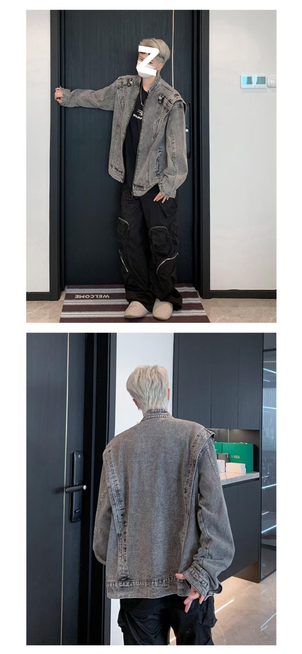 Giacca da motociclista da uomo in denim corto patchwork retrò resistente e alla moda, marchio europeo e americano, stile Cleanfit_voghion.com