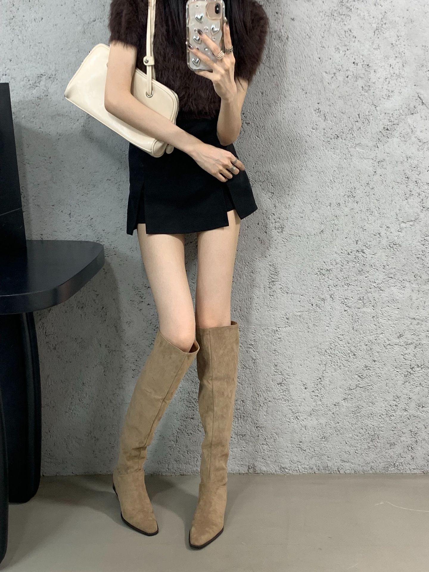 ShoeGlobe ShoeGlobe ShoeGlobe Stacked Women's Riding Retro Suede Chunky Heel Square Toe 2024 New Wrinkled High Tube Long Boots_voghion.com