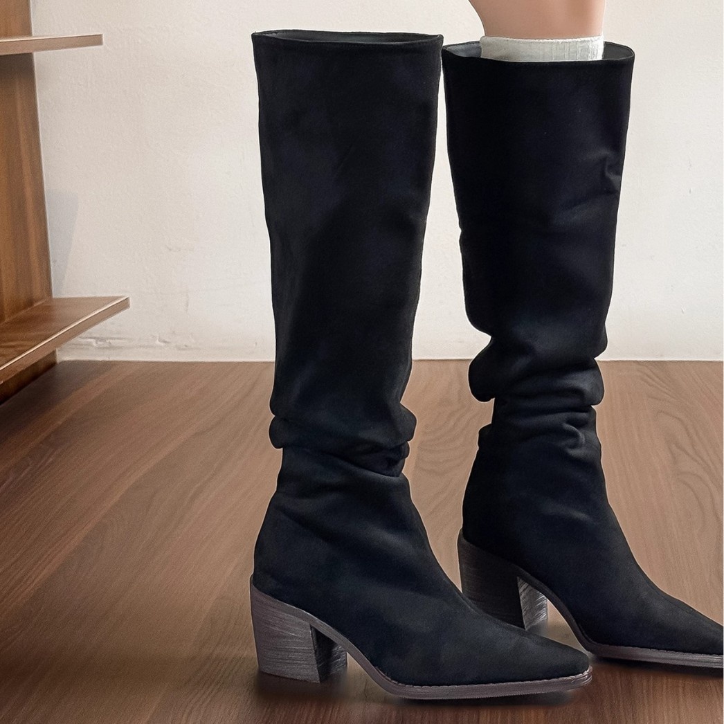 ShoeGlobe ShoeGlobe ShoeGlobe En stock ~ Bottes western rétro montantes, amincissantes, plissées, à large ouverture, talon épais, style automne_voghion.com