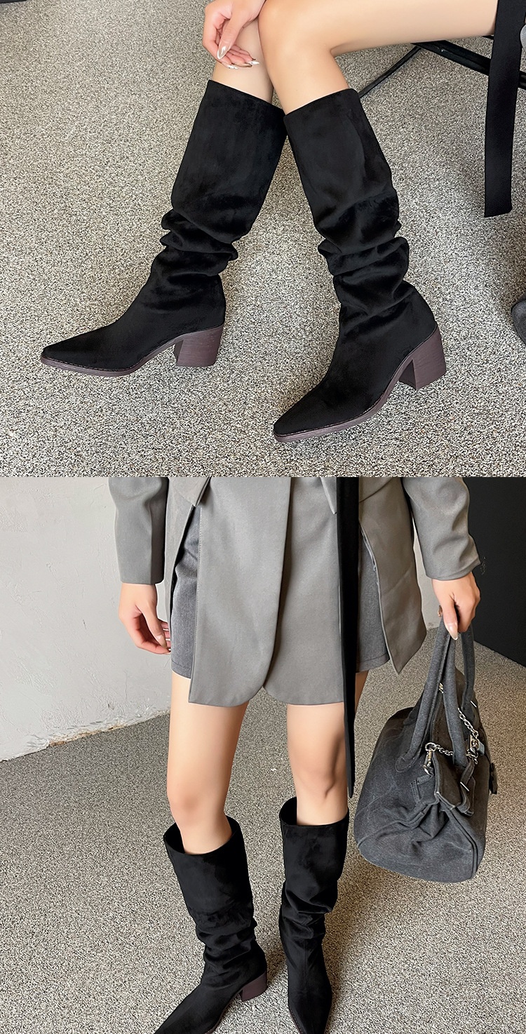 ShoeGlobe ShoeGlobe ShoeGlobe 776-1 Women's Riding Thick Heel Autumn Winter Western High Tube Retro Slimming Wrinkled Slouch Long Boots Wide Mouth_voghion.com