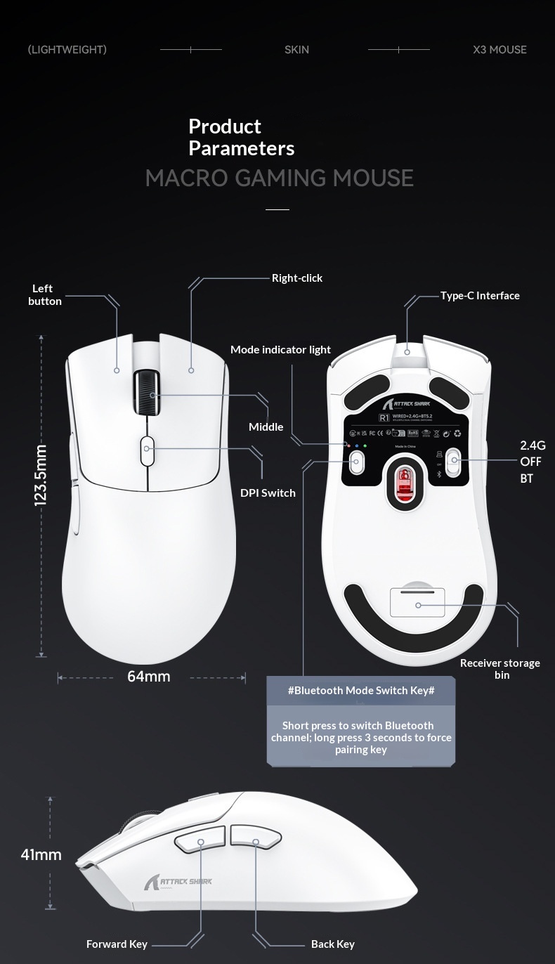 Digitex Digitex Attack Shark R1 Lightweight PAW3311 E-sports Gaming Three-mode Bluetooth Wireless Laptop Mouse_voghion.com