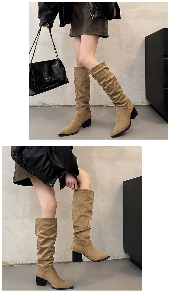 ShoeGlobe ShoeGlobe ShoeGlobe Women's Knight 2025 New Autumn Winter Thick Heel Pointed Toe Long Retro Suede Wrinkled Slouch Boots_voghion.com