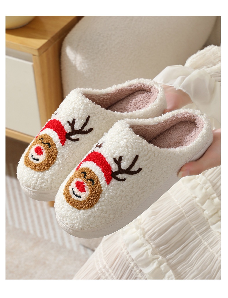 Zees Neue Rentier-Lebkuchenmann-Weihnachts-Winter-Hausschuhe für drinnen, warm, mit Smiley-Gesicht, aus Baumwolle für Damen_voghion.com