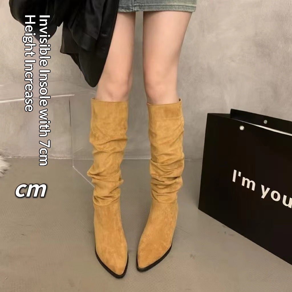 ShoeGlobe ShoeGlobe ShoeGlobe Zwiększenie wysokości wewnętrznej ~Kolor khaki Stacked Długie buty jeździeckie dla kobiet 2024 Nowość Jesień Zima Francuskie do połowy łydki_voghion.com