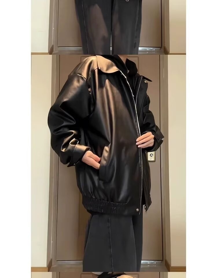 Giacca da aviatore in pelle PU nera da uomo alla moda di strada europea e americana, ampia e alla moda_voghion.com