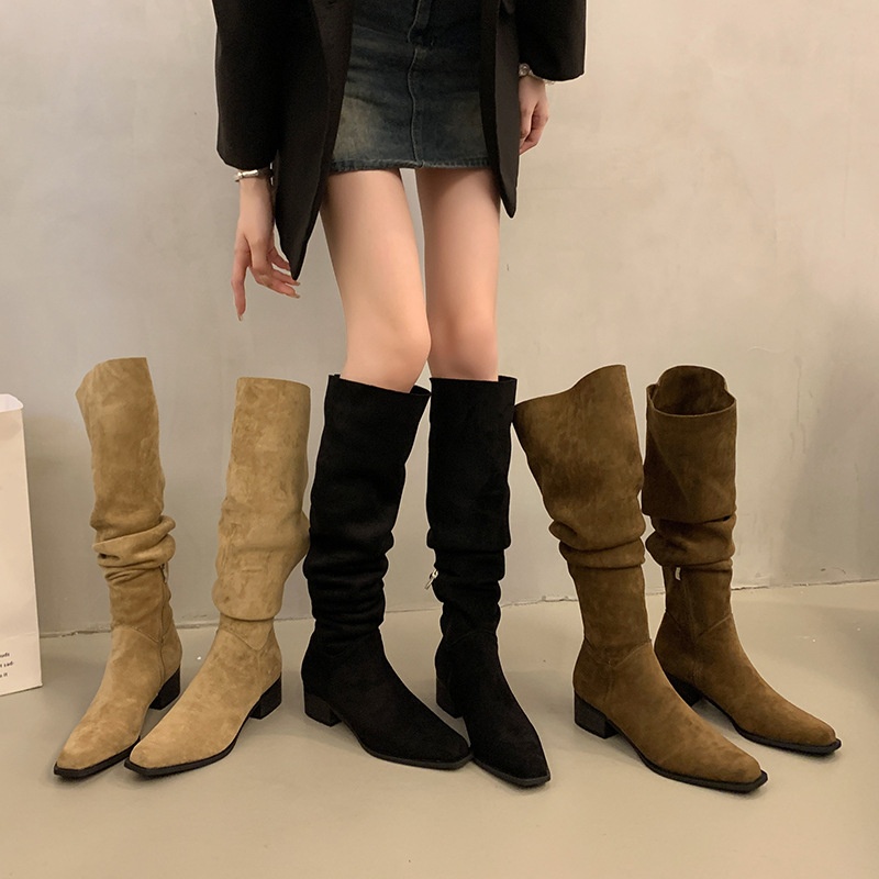 ShoeGlobe ShoeGlobe ShoeGlobe Chunky Heel Pointed Toe Suede Slim Long Women's Shoes 2025 New Autumn Winter Korean Style Over-the-Knee Riding Boots_voghion.com