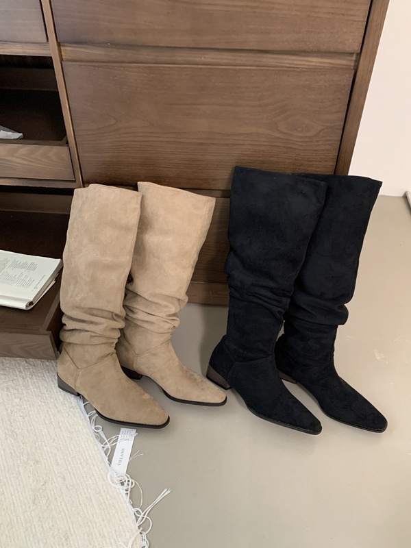 ShoeGlobe ShoeGlobe 2025 Autumn Winter French Retro Suede Low Over-the-Knee Long Thick Heel Pointed Toe Ruched High Tube Boots For Women_voghion.com