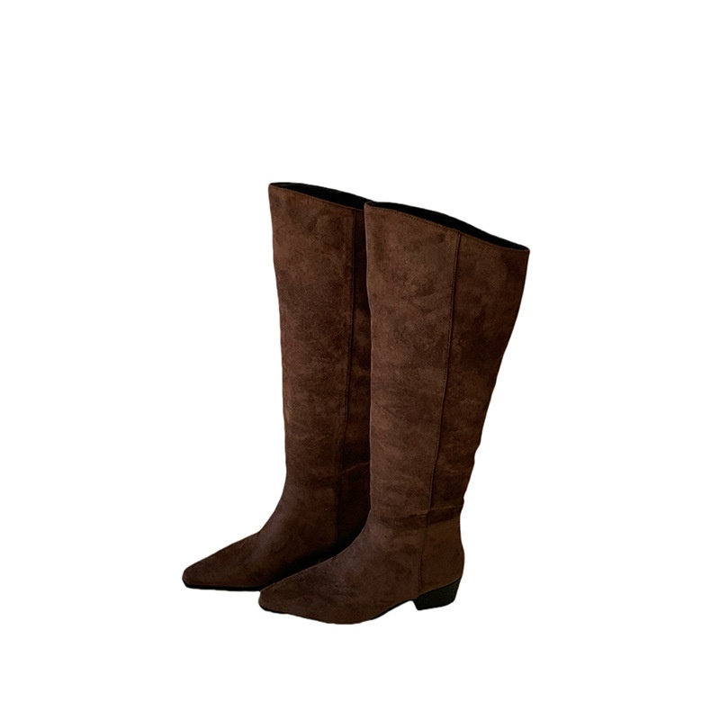 ShoeGlobe ShoeGlobe Pointed Toe Chunky Heel Pleated Slouch 2024 Autumn Winter New Veratile Mid-Heel Suede High Tube Long Boot Women'_voghion.com