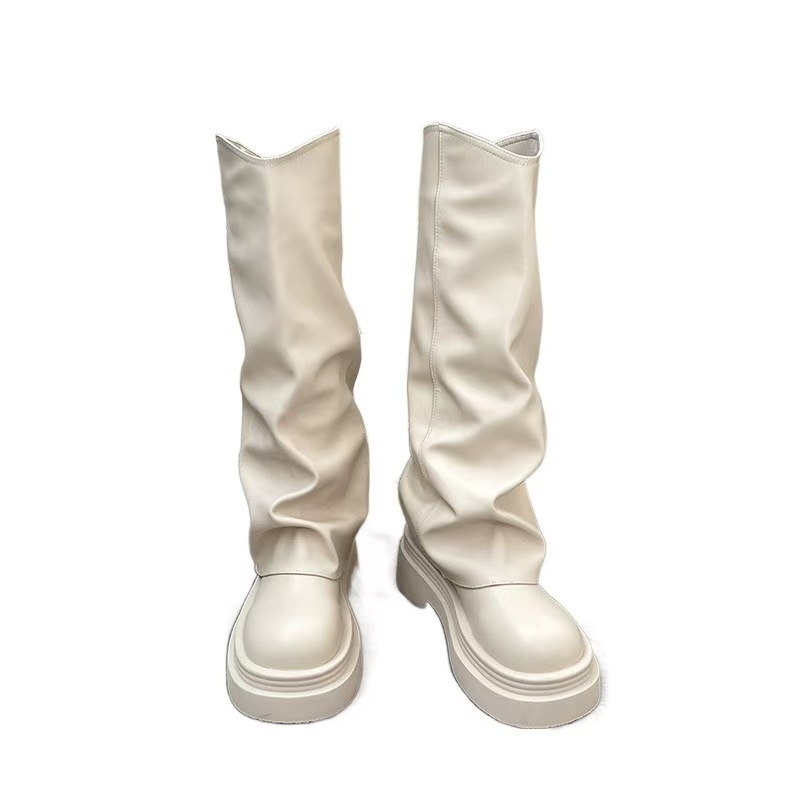 ShoeGlobe ShoeGlobe ShoeGlobe Tube 2024 Spring And Autumn New Genuine Leather Thick Sole Petite Riding Shoes For Women Long Boots_voghion.com