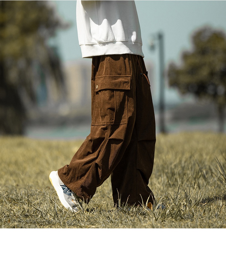 boy Corduroy Men City Boy Couple Casual Army Green Cargo Trendy Brand Autumn Winter Straight Wide Leg Long Pants_voghion.com