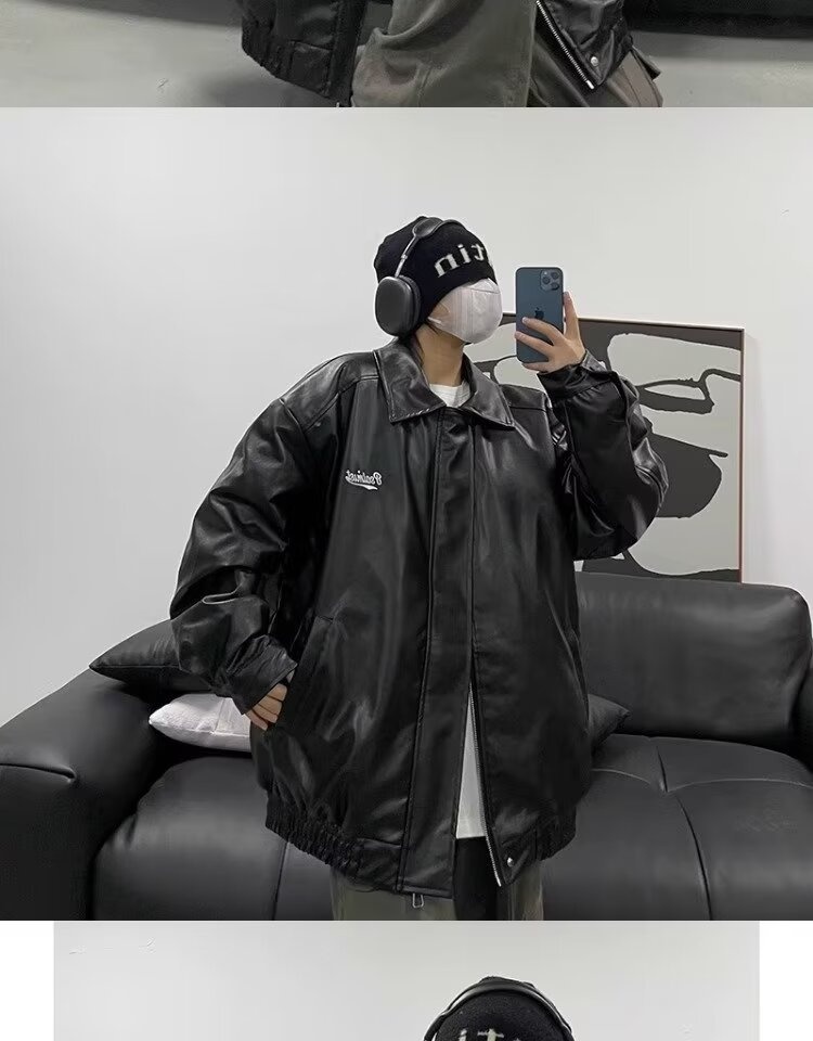 Giacca da aviatore in pelle PU nera da uomo alla moda di strada europea e americana, ampia e alla moda_voghion.com