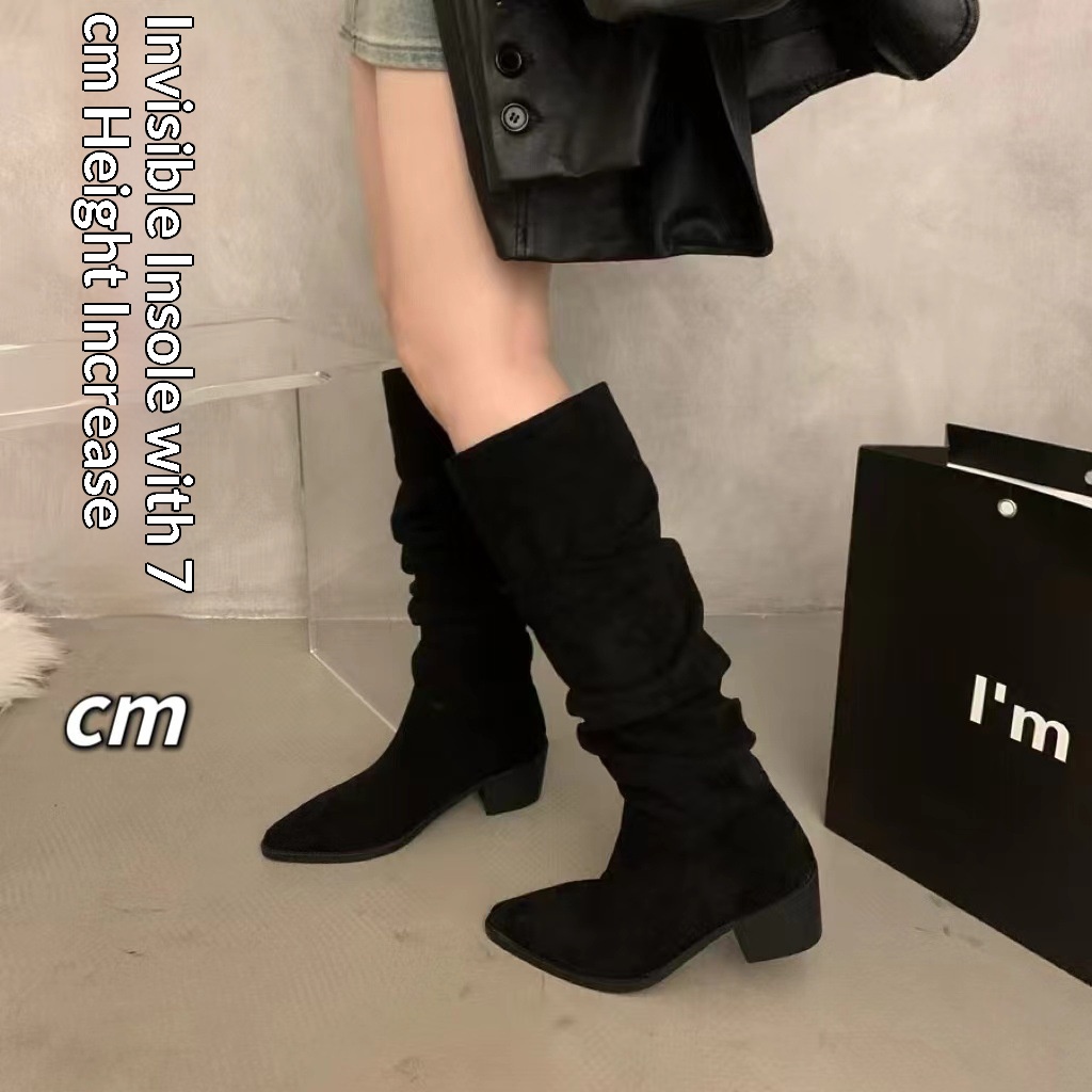 ShoeGlobe ShoeGlobe ShoeGlobe Zwiększenie wysokości wewnętrznej ~Kolor khaki Stacked Długie buty jeździeckie dla kobiet 2024 Nowość Jesień Zima Francuskie do połowy łydki_voghion.com