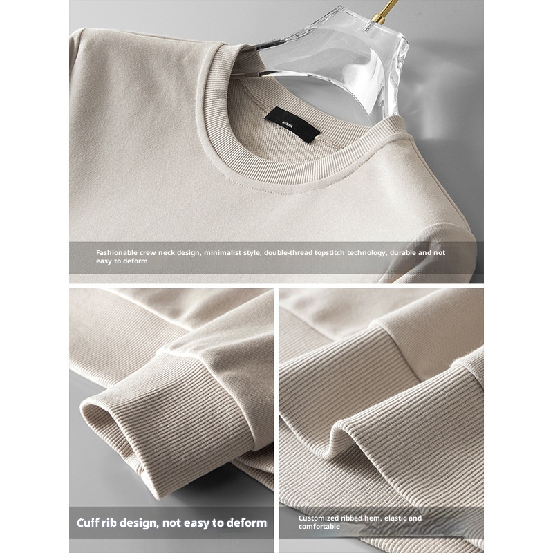 Felpa versatile pesante in tinta unita con collo rotondo a coste intrecciate personalizzate da uomo, primavera-autunno 2025_voghion.com