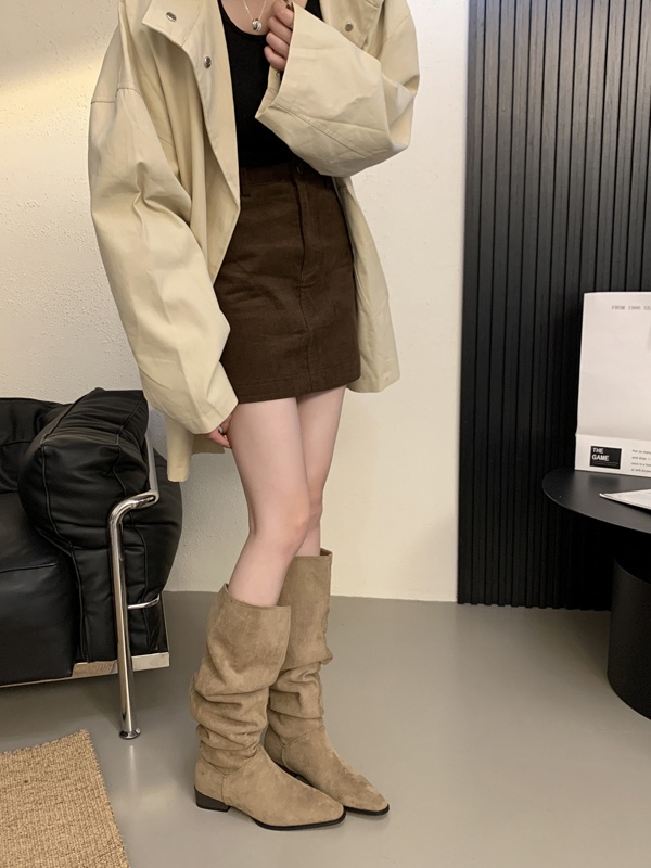 ShoeGlobe ShoeGlobe 2025 Autumn Winter French Retro Suede Low Over-the-Knee Long Thick Heel Pointed Toe Ruched High Tube Boots For Women_voghion.com