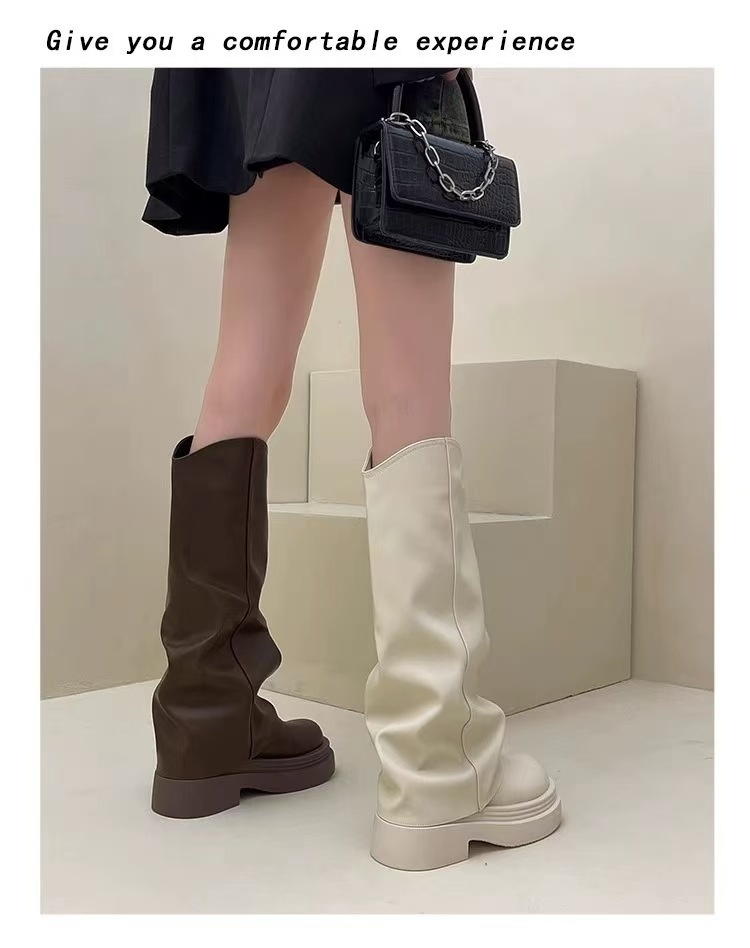 ShoeGlobe ShoeGlobe ShoeGlobe Tube 2024 Spring And Autumn New Genuine Leather Thick Sole Petite Riding Shoes For Women Long Boots_voghion.com