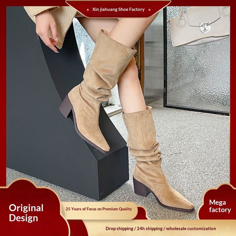 ShoeGlobe ShoeGlobe ShoeGlobe 776-1 Women's Riding Thick Heel Autumn Winter Western High Tube Retro Slimming Wrinkled Slouch Long Boots Wide Mouth_voghion.com