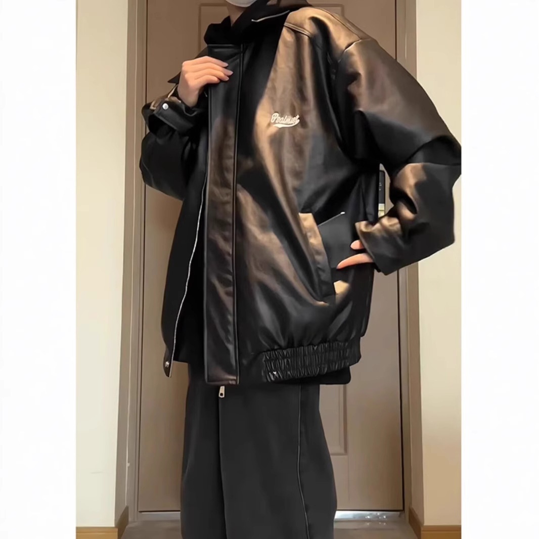 Giacca da aviatore in pelle PU nera da uomo alla moda di strada europea e americana, ampia e alla moda_voghion.com