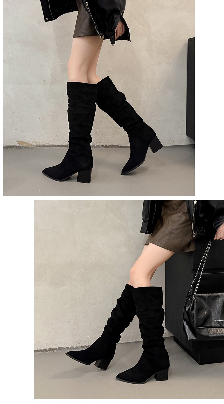 ShoeGlobe ShoeGlobe ShoeGlobe Women's Knight 2025 New Autumn Winter Thick Heel Pointed Toe Long Retro Suede Wrinkled Slouch Boots_voghion.com