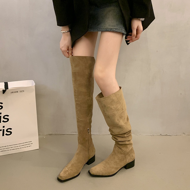 ShoeGlobe ShoeGlobe ShoeGlobe Chunky Heel Pointed Toe Suede Slim Long Women's Shoes 2025 New Autumn Winter Korean Style Over-the-Knee Riding Boots_voghion.com