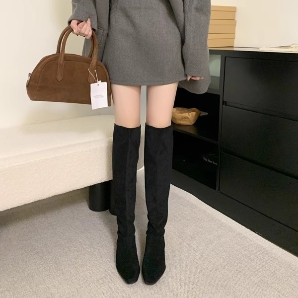 ShoeGlobe ShoeGlobe 2025 Autumn Winter French Retro Suede Low Over-the-Knee Long Thick Heel Pointed Toe Ruched High Tube Boots For Women_voghion.com