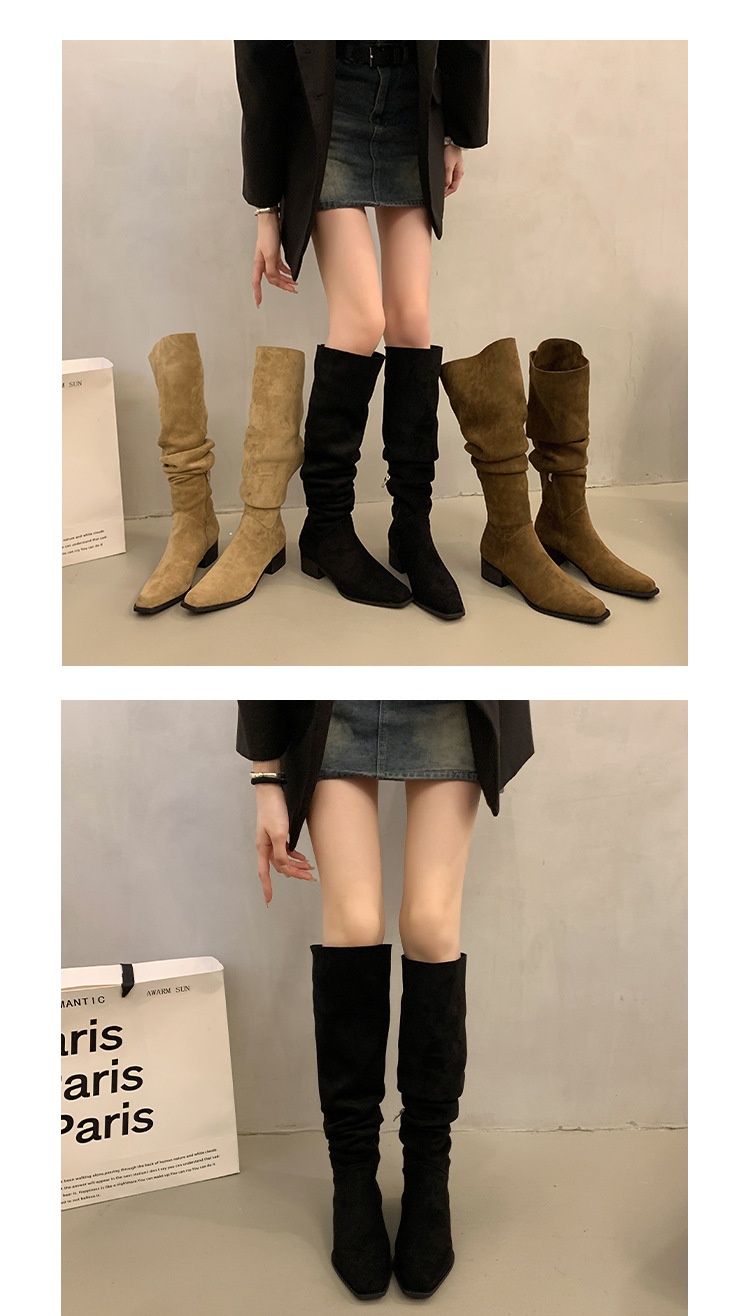 ShoeGlobe ShoeGlobe ShoeGlobe Chunky Heel Pointed Toe Suede Slim Long Women's Shoes 2025 New Autumn Winter Korean Style Over-the-Knee Riding Boots_voghion.com