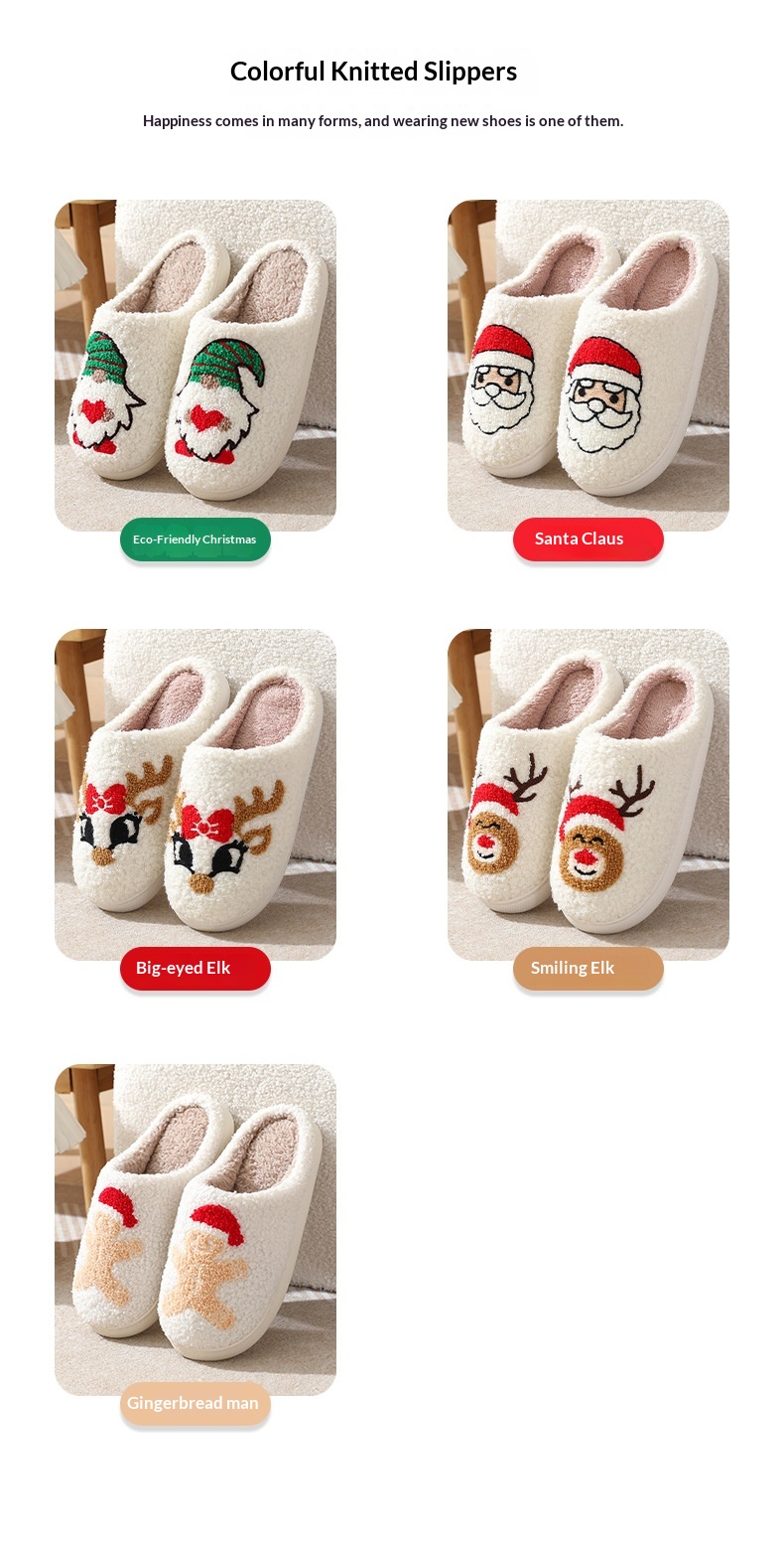 Zees Neue Rentier-Lebkuchenmann-Weihnachts-Winter-Hausschuhe für drinnen, warm, mit Smiley-Gesicht, aus Baumwolle für Damen_voghion.com