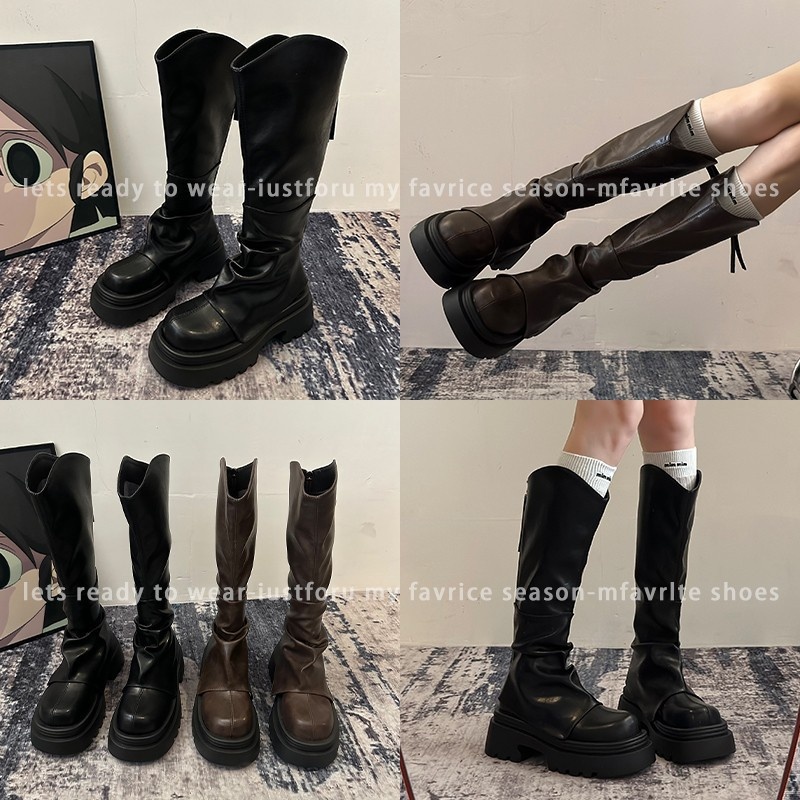 ShoeGlobe ShoeGlobe ShoeGlobe Europejski styl Długie dla kobiet 2025 Wiosna i jesień Gorący trend Ponad kolano Retro plisowane grube podeszwy_voghion.com