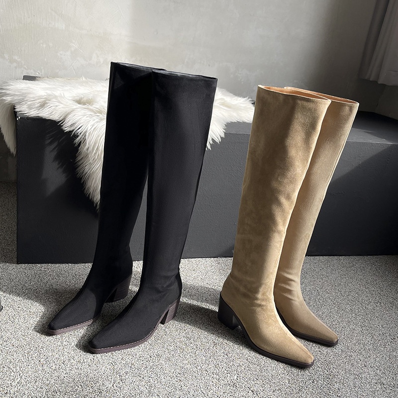 ShoeGlobe ShoeGlobe ShoeGlobe 776-1 Women's Riding Thick Heel Autumn Winter Western High Tube Retro Slimming Wrinkled Slouch Long Boots Wide Mouth_voghion.com