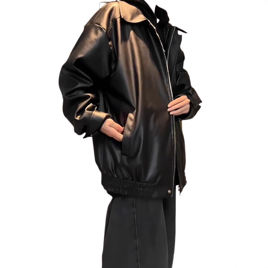 Giacca da aviatore in pelle PU nera da uomo alla moda di strada europea e americana, ampia e alla moda_voghion.com