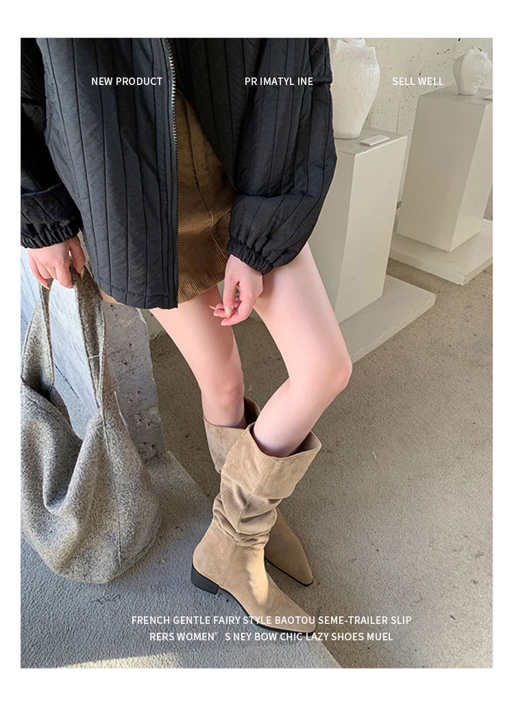 ShoeGlobe ShoeGlobe Pointed Toe Chunky Heel Pleated Slouch 2024 Autumn Winter New Veratile Mid-Heel Suede High Tube Long Boot Women'_voghion.com