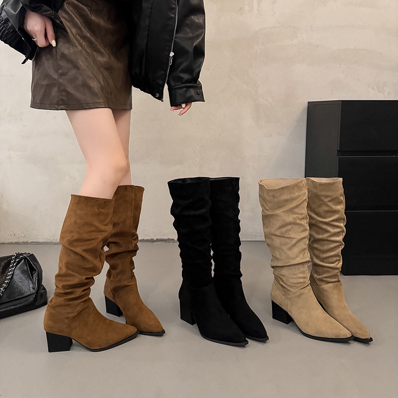 ShoeGlobe ShoeGlobe ShoeGlobe Women's Knight 2025 New Autumn Winter Thick Heel Pointed Toe Long Retro Suede Wrinkled Slouch Boots_voghion.com