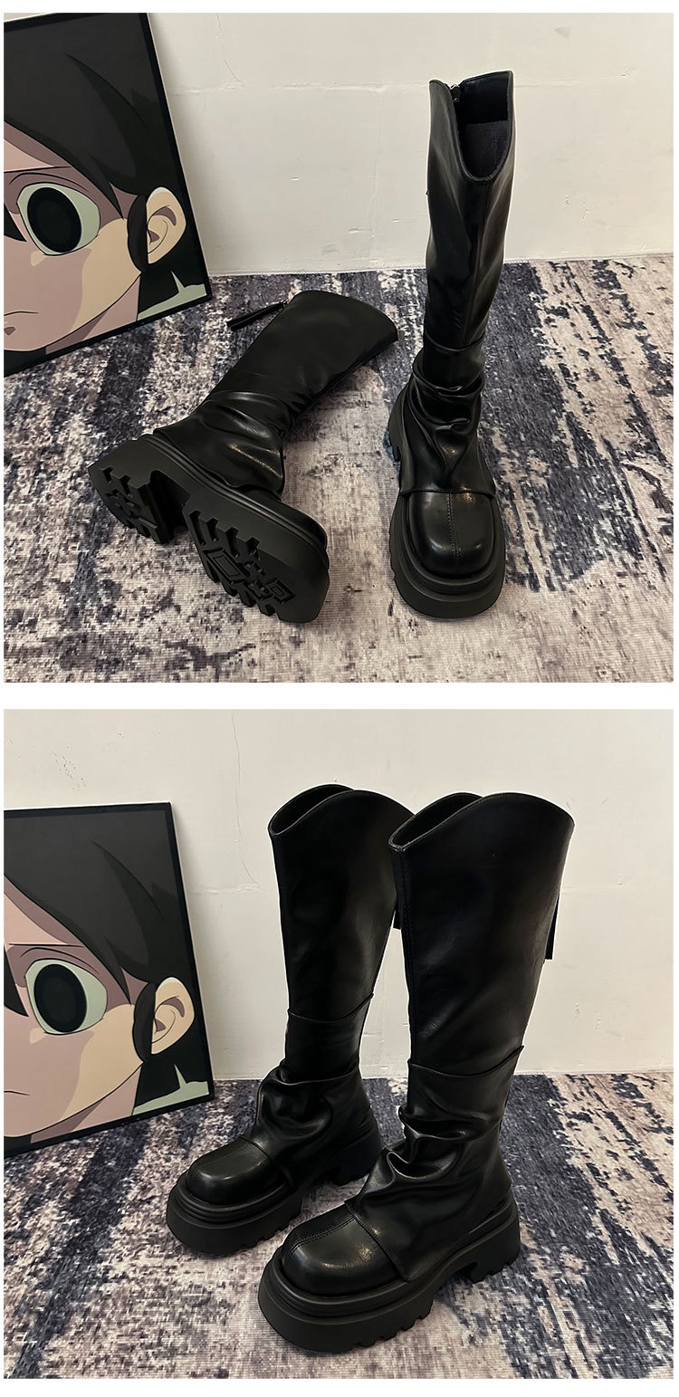 ShoeGlobe ShoeGlobe ShoeGlobe Europejski styl Długie dla kobiet 2025 Wiosna i jesień Gorący trend Ponad kolano Retro plisowane grube podeszwy_voghion.com