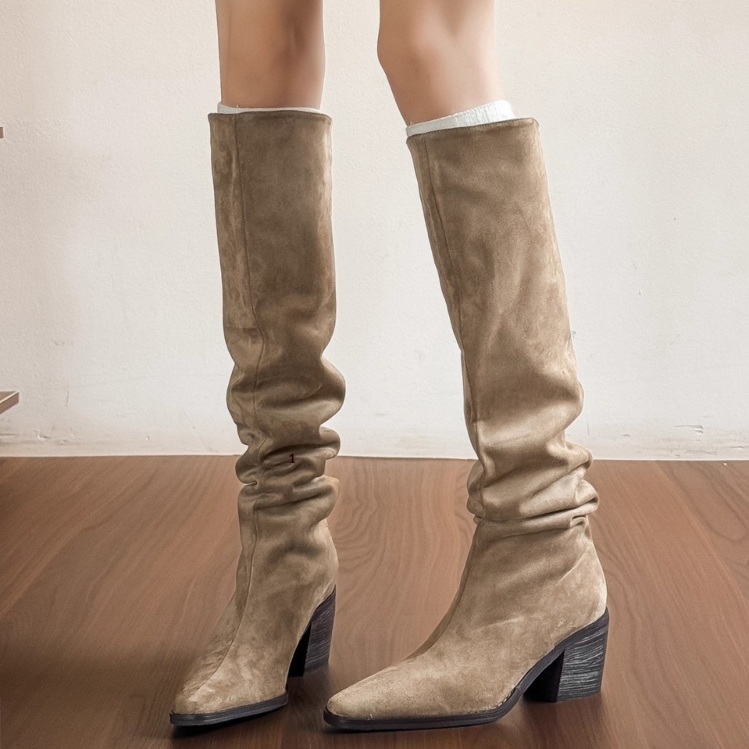 ShoeGlobe ShoeGlobe ShoeGlobe En stock ~ Bottes western rétro montantes, amincissantes, plissées, à large ouverture, talon épais, style automne_voghion.com