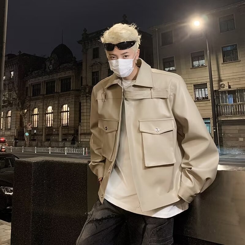 Ragazzo europeo e americano High Street Hip Hop Motociclista Uomo Trendy High-end Cool Retro PU Pelle Corta Imbottita Spalla_voghion.com