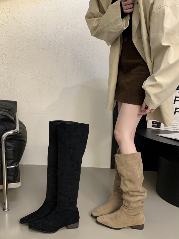 ShoeGlobe ShoeGlobe 2025 Autumn Winter French Retro Suede Low Over-the-Knee Long Thick Heel Pointed Toe Ruched High Tube Boots For Women_voghion.com